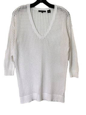 Jeanne Pierre White Open Knit V-Neck Sweater Medium Coastal Grandmother